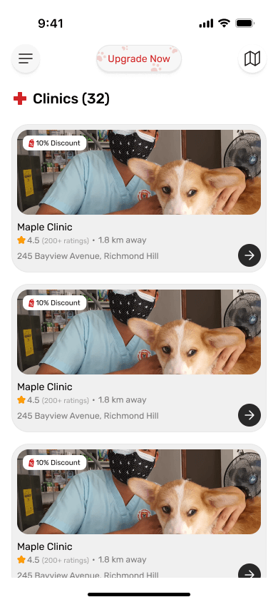 The app's clinic directory showing partner clinics with ratings, distance and member discounts