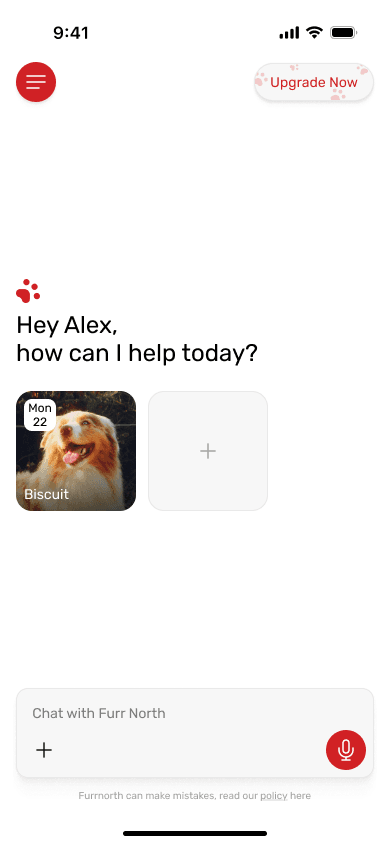 The FurrNorth home screen asking 'Hey Alex, how can I help today?'