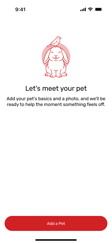 The app's 'Let's meet your pet' onboarding screen
