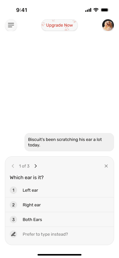 A guided triage question in the app: 'Which ear is it?'